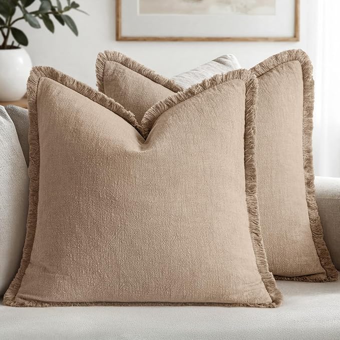 MIULEE Boho Linen Fringe Decorative Euro Throw Pillow Covers Camel 24x24 | Set by MIULEE