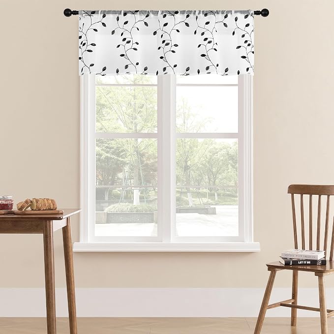 MRTREES Sheer Curtain Valance 2 Panels, Rod Pocket Voile Leaves Embroidered by MRTREES