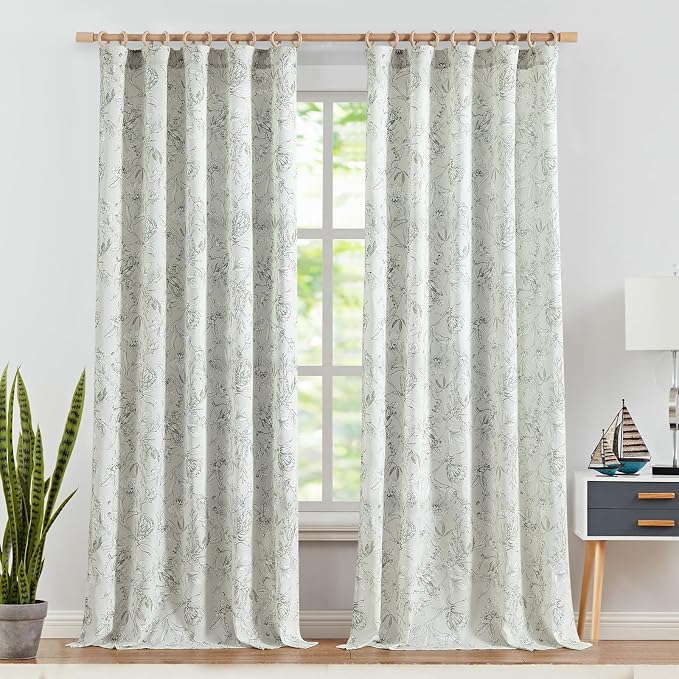 jinchan Floral Curtains 96 Inches Long Charcoal Grey Flower Linen Farmhouse - Image 2
