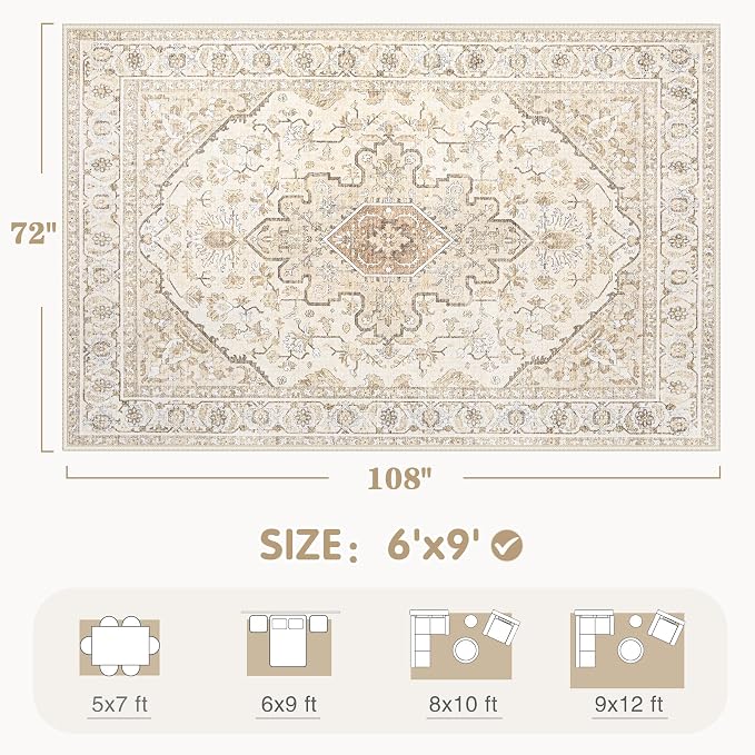 Area Rugs 6x9 Vintage Rug: Washable Living Room Rug Retro Medallion Distressed - Image 2
