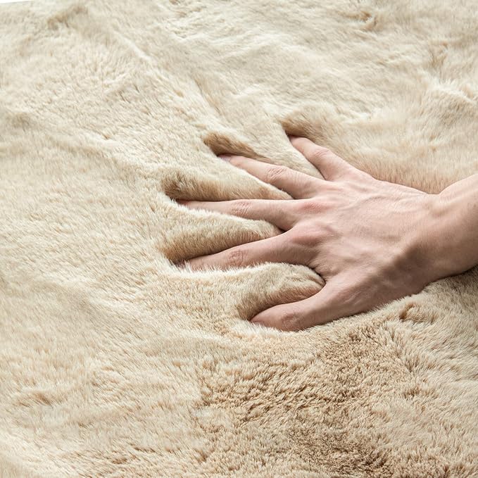 ORINOVA Light Brown Beige Washable Shaggy Round Rug 5ft Faux Rabbit Fur Rugs - Image 6