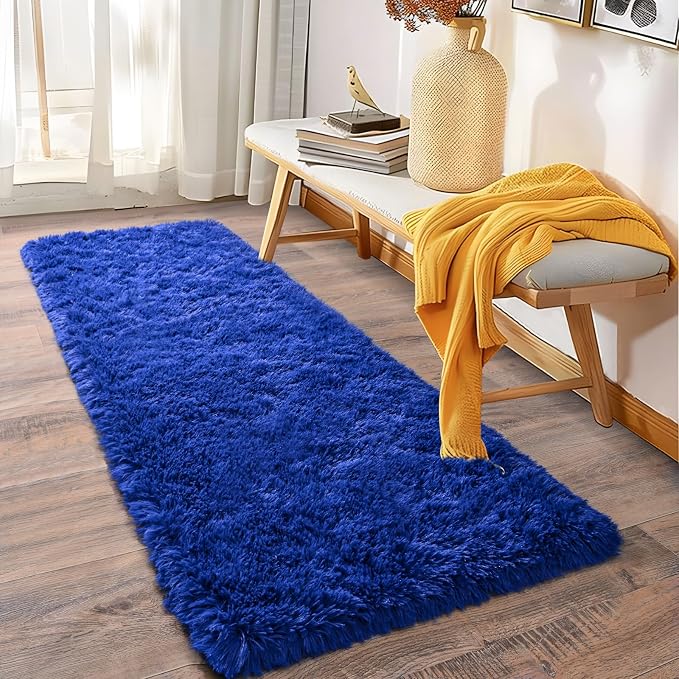 Soft Runner Rugs for Bedroom Hallways, 2x6 Royal Blue Fluffy Shag Throw Area - Image 3