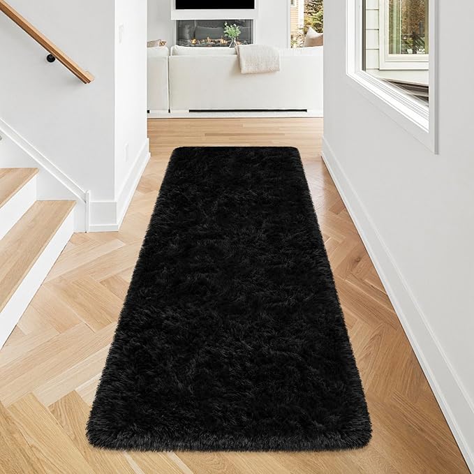 2x5 Bedside Area Rugs for Bedroom Soft Fluffy Shag Black Rug for Hallway - Image 2