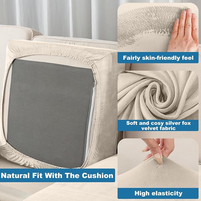 Couch Cover 4-Piece Elastic Velvet Couch Cushion Covers & Chaise Slipcovers - Image 4