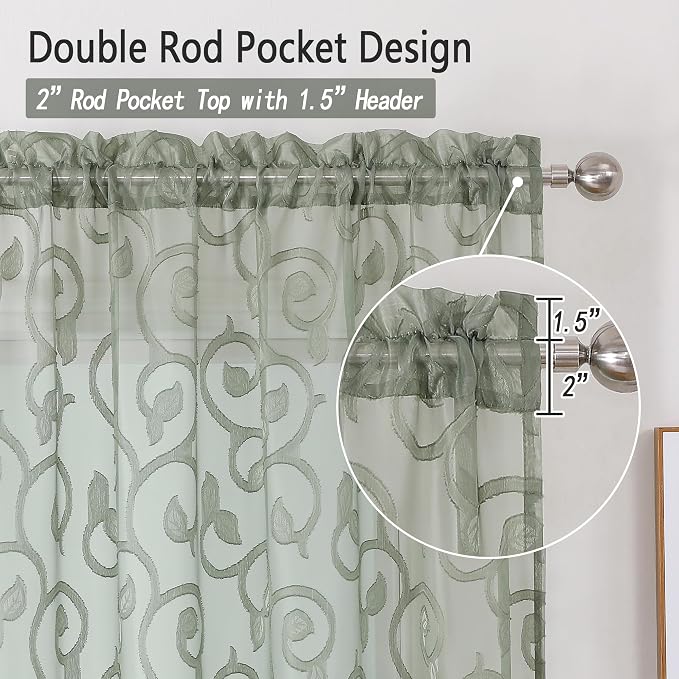 OWENIE Furman Sage Green Sheer Curtains 54 Inch Length 2 Panels Set - Image 4