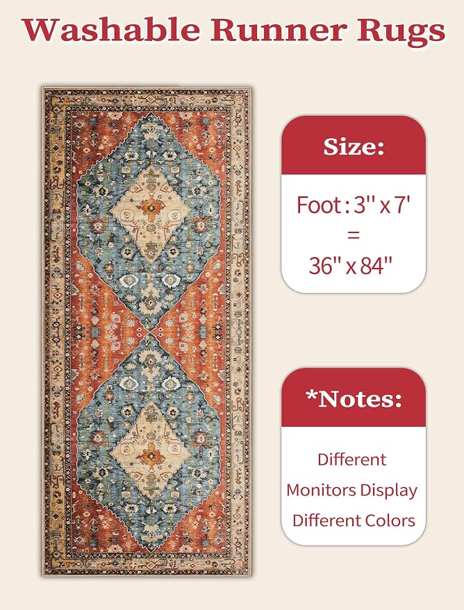 SERISSA Boho Kitchen Runner Rug, 3x7 Washable Non-Slip Runner Rug - Image 2