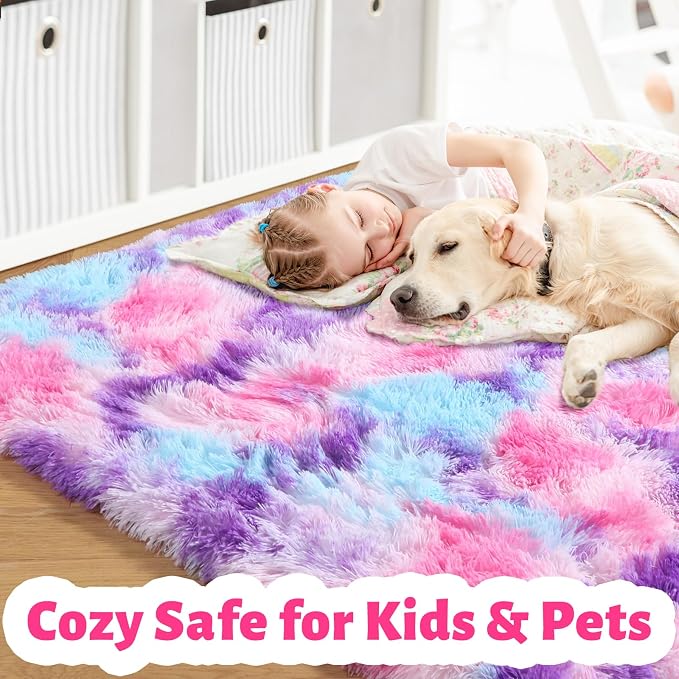 Amdrebio Pink Blue Purple Shaggy Kids Rug 5x8 - Image 2