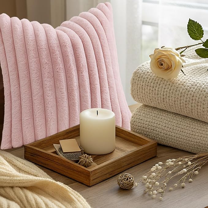 decorUhome Fall Faux Fur Throw Pillow Covers 24x24 Set of 2 Pink | Decorative - Image 9