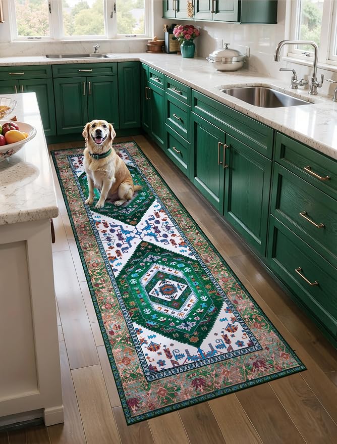 SERISSA Boho Washable Runner Rug, 2x6 Rug Runner Non-Slip Vintage Green White by SERISSAHomeDecorCollection