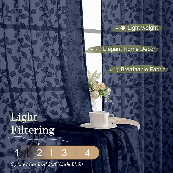 Chyhomenyc Navy Blue Sheer Curtains 24 Inch Length, Light Filtering Leaf Tufted - Image 2