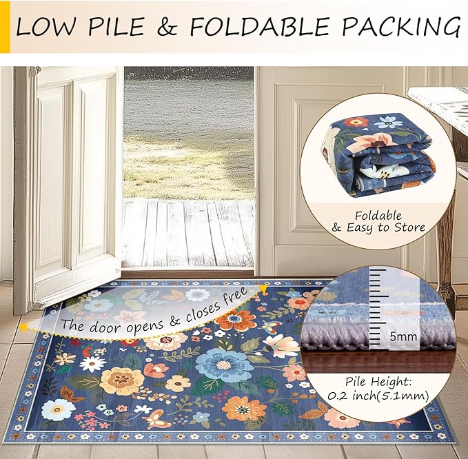 RELEANY Floral Washable Round 6ft Area Rug Blue/Grey | Flower Carpet Print Boho - Image 4