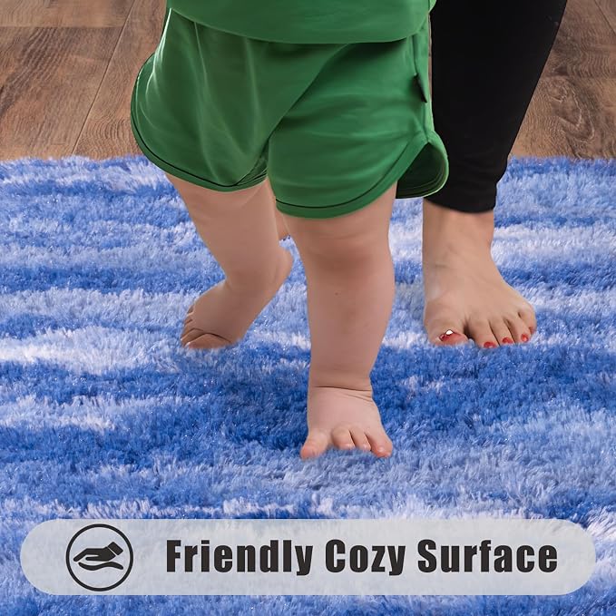 Soft Runner Rugs for Bedroom Hallways, 2x6 Abstract Blue White Fluffy Shag - Image 7
