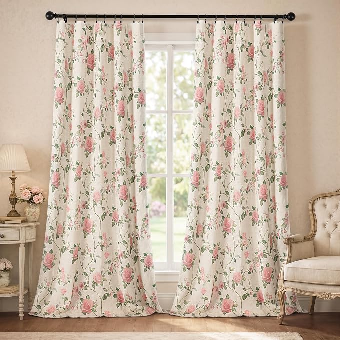 Vintage Floral Blackout Curtains 84 Inch, 2 Panels Spring Linen Texture - Image 2