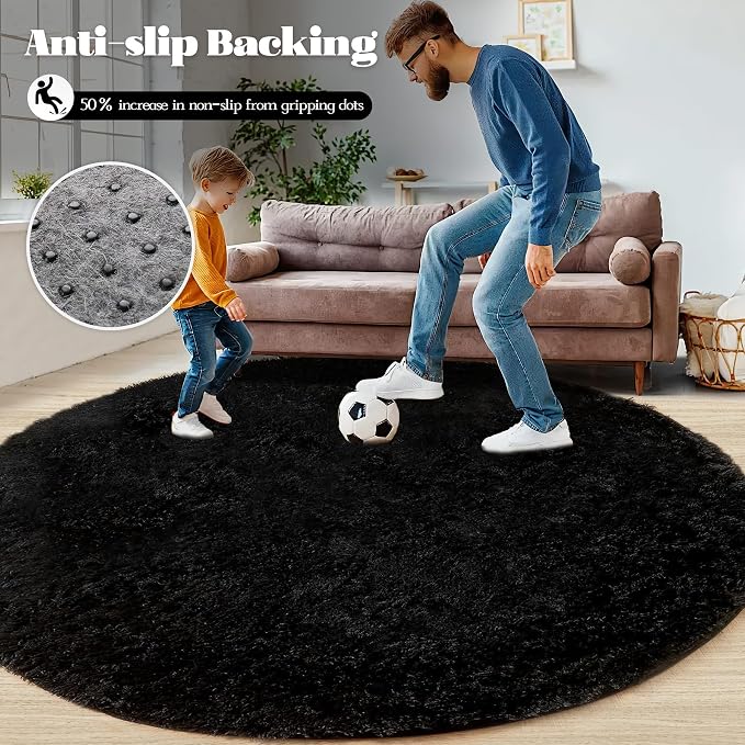 Black Round Rugs for Bedroom: 4ft Circle Fluffy Shag Soft Washable Rug Small - Image 5