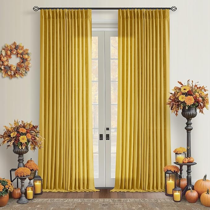 Mustard Yellow Pleated Semi Sheer Linen Curtains 96 Inches Long 2 Panel Set | by Twodrapes