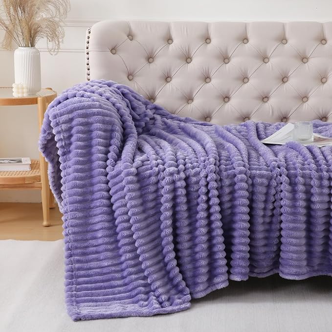 Lavender Throw Blanket for Couch Sofa 108x90 inches Striped Design | Fleece - Image 3