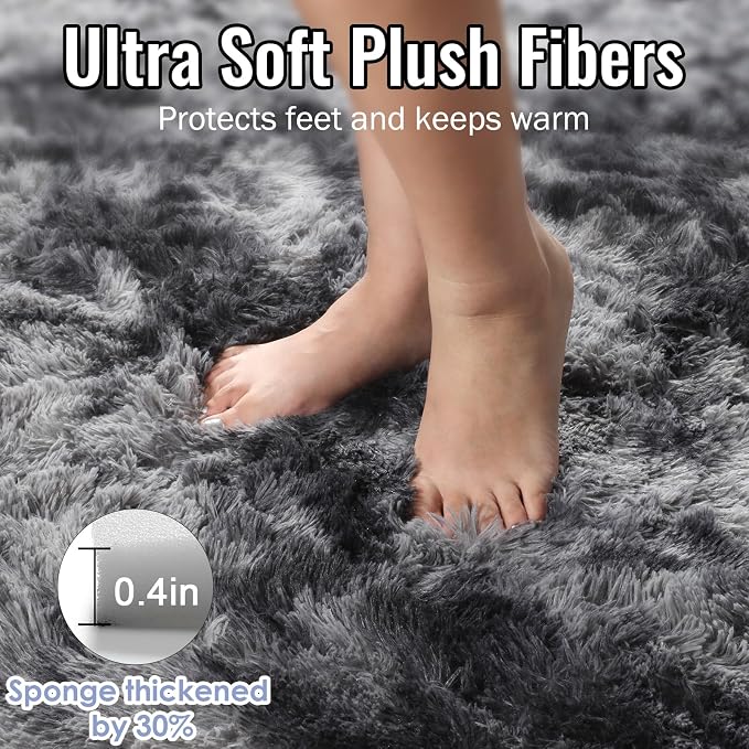 Abstract Area Rugs for Living Room 4x6, Plush Furry Tie-Dyed Dark Grey Rugs | - Image 2