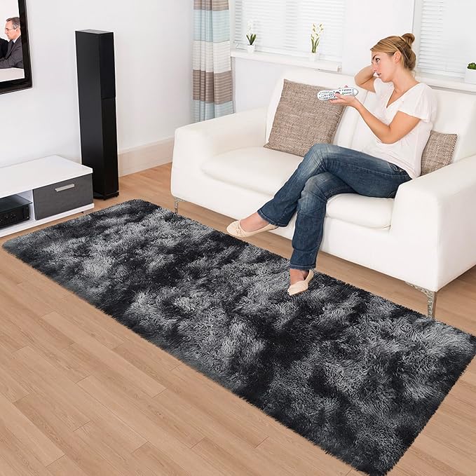 Tie-Dyed Runner Rug for Bedroom Black Grey 2x6ft Fluffy Area Rug Bedside Runner - Image 2