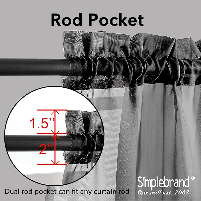 Simplebrand Black Sheer Curtains 63 Inch Length 2 Panels, Rod Pocket Solid - Image 2