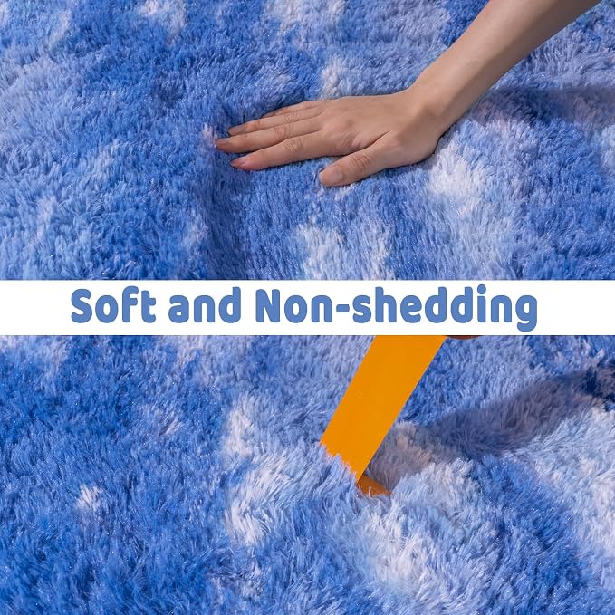 Soft Runner Rugs for Bedroom Hallways, 2x5 Abstract Blue White Fluffy Shag - Image 5