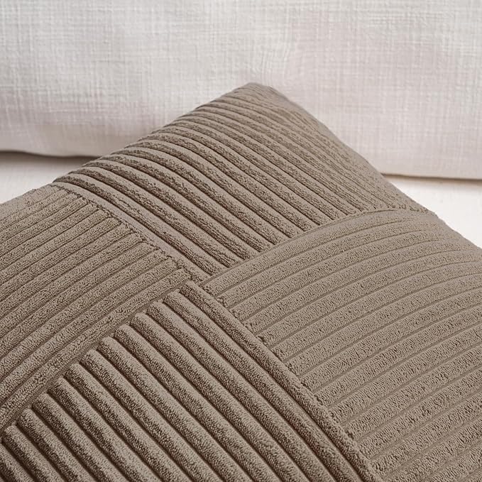 Fancy Homi Set of 2, Light Brown Patchwork Corduroy Decorative Soft Striped - Image 3