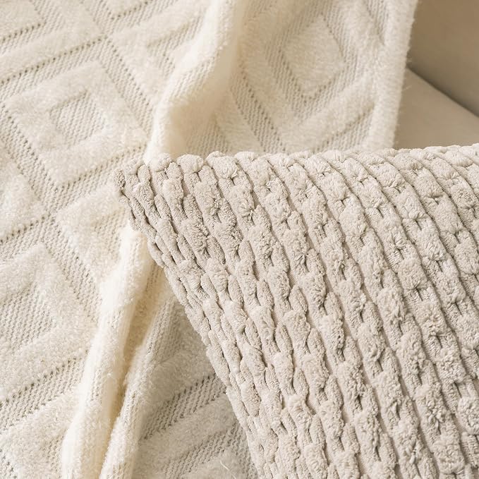 Set of 4 Navy White Taupe Decorative Throw Pillow Covers 20x20 Inch Corduroy - Image 6