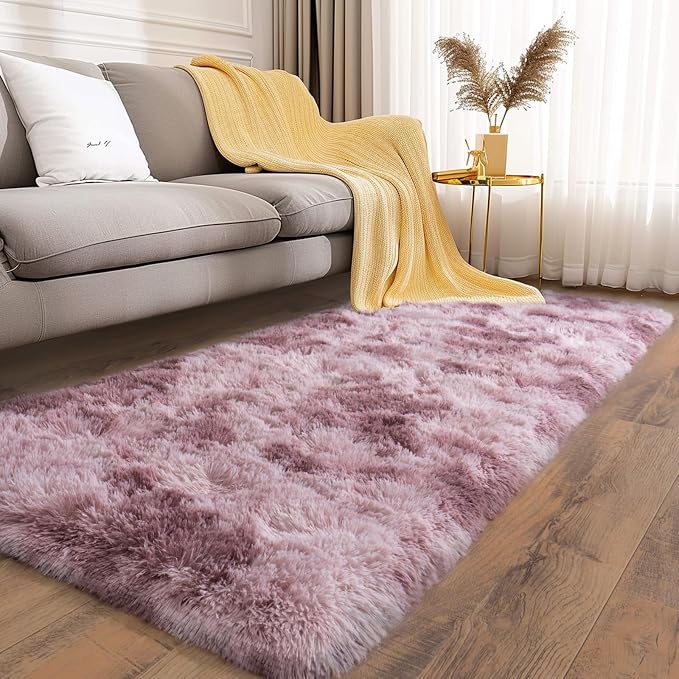 Soft Runner Rugs for Bedroom Hallways, 2x6 Tie-Dyed Grey Purple Fluffy Shag - Image 2