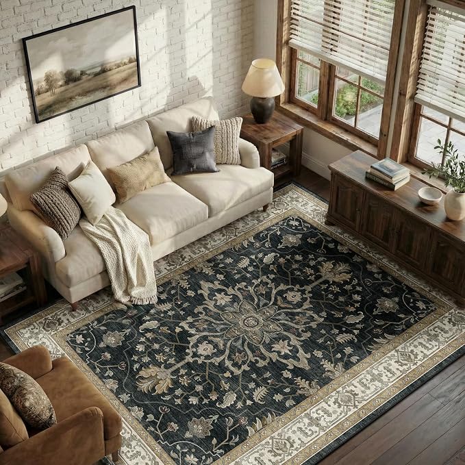 RELEANY Area Rugs 6'x9' Washable Non-Slip, Floral Vintage Distress Print by RELEANY