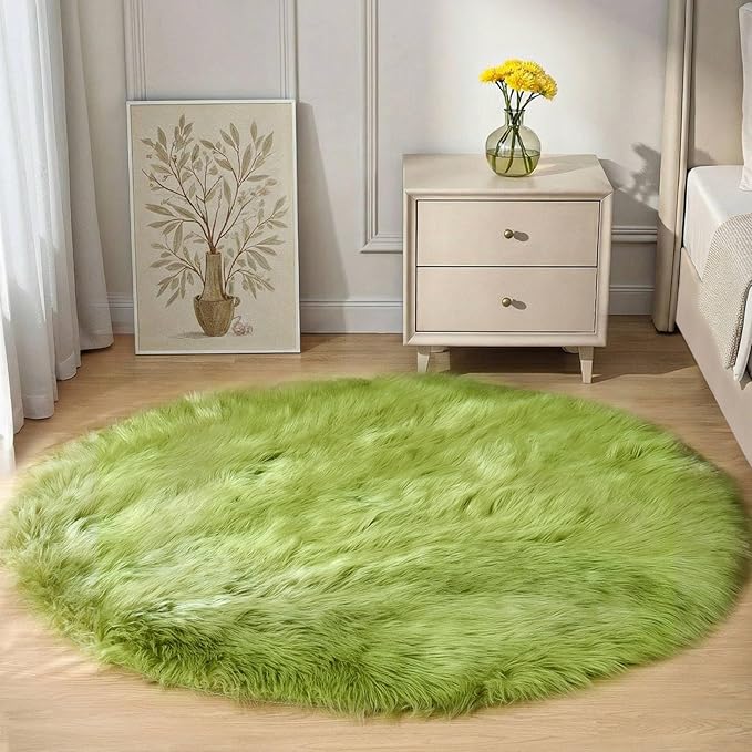 Goolela Lime Green Circle Rugs 4ft Fluffy Fuzzy Furry Rug by Goolela