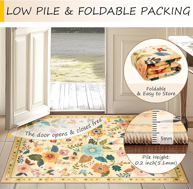 RELEANY Floral Washable 4x6 Area Rugs Ivory/Yellow | Flower Carpet Print Boho - Image 4