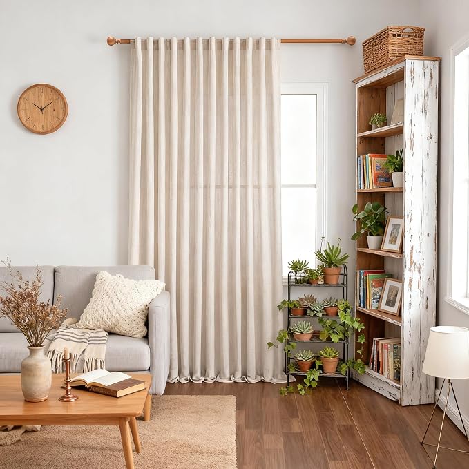 MYSKY HOME Natural Linen Sliding Glass Door Curtains, Back Tab Semi Sheer - Image 2