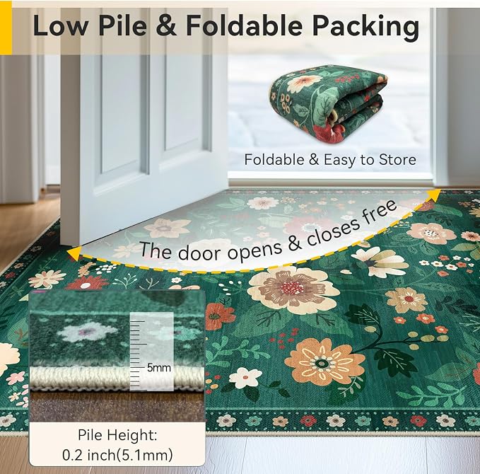 RELEANY Floral Washable 3x5 Area Rugs DarkGreen | Flower Carpet Print Boho Cute - Image 5