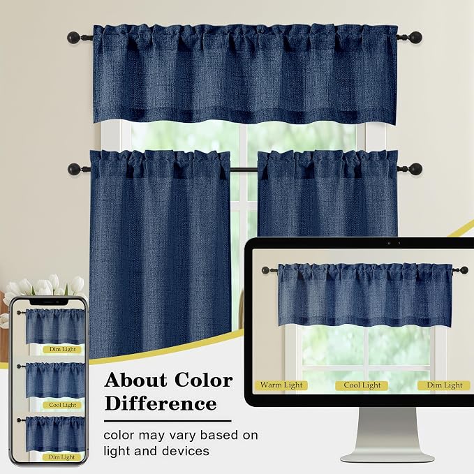 Navy Blue Valances for Windows, Light Filtering Faux Linen Textured Small Short - Image 7