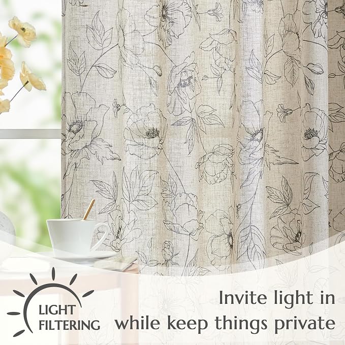 jinchan Floral Linen Curtains for Living Room 63 Inch Length Grey Flower - Image 3