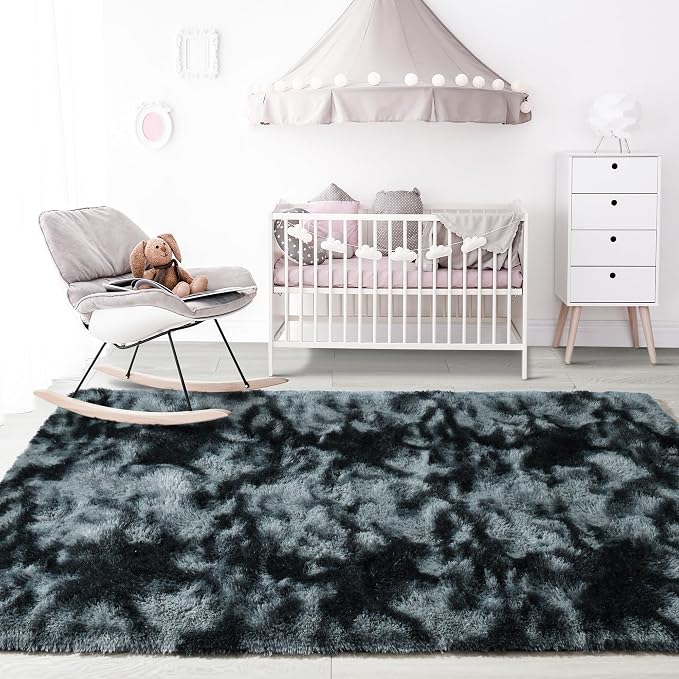 6x9 Large Tie-Dyed Black and Grey Fluffy Area Rug Non-Slip - Image 7