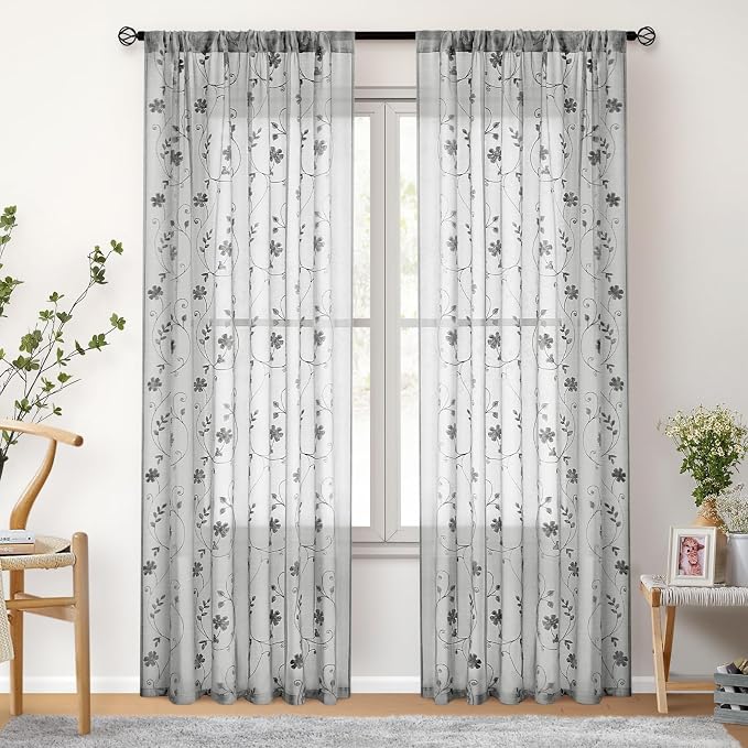 HOMEIDEAS Grey Sheer Curtains 84 Inches Long 2 Panels Embroidered Floral - Image 7