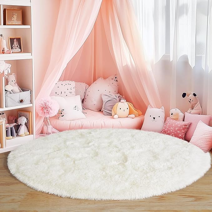 6‘x6’ Cream Round Rugs for Girls Bedroom, Ultra Soft Fluffy Circle Rug for Kids - Image 2