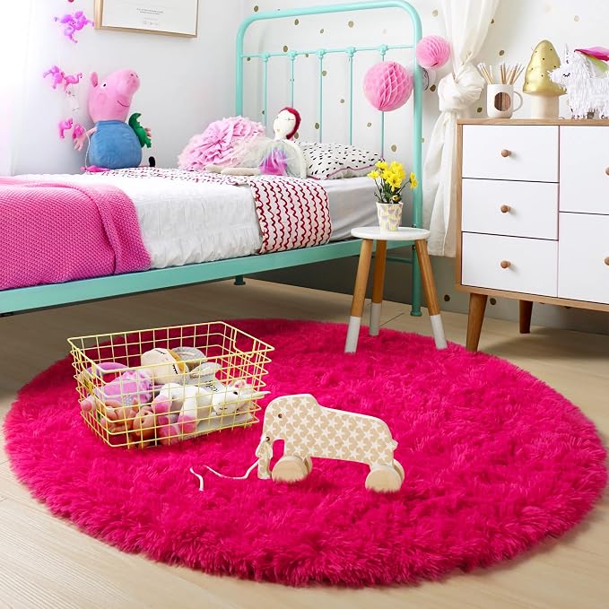 Hot Pink Round Rug 4Ft for Girls Bedroom, Fluffy Circle Area Rugs for Kids Room - Image 5