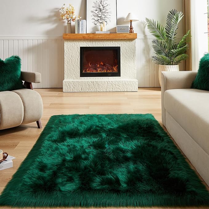 AMTOVO Faux Fur Sheepskin Rug for Living Room, 4 x 6 ft Dark Green Fluffy Area - Image 2