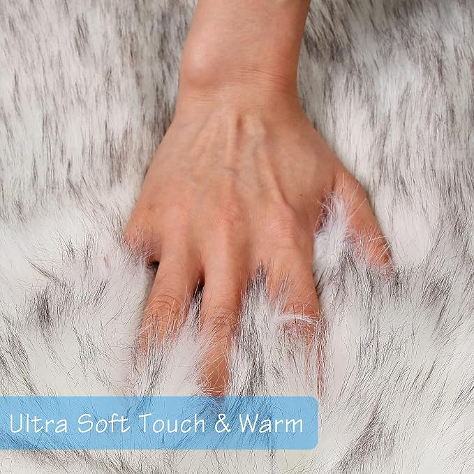 duduta White Black Faux Sheepskin Throw Rug 2x3 ft, Fluffy Shag Fur Chair Cover - Image 2