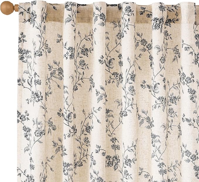 Lazzzy Farmhouse Linen Curtains Black Floral Curtains 84 Inch Length Back Tab by Lazzzy