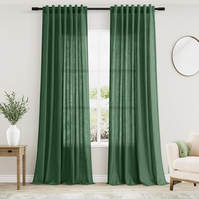 Nanspring Green Boho Curtains for Bedroom Back Tab Rod Pocket Semi Sheer Linen by Nanspring
