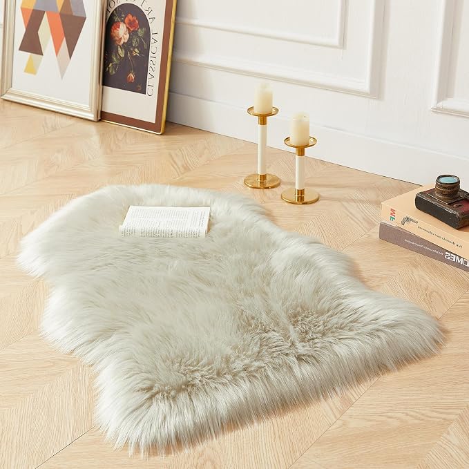 AMTOVO Faux Fur Rug, Light Grey Small Area Rug, Fluffy Sheepskin Rug, Fuzzy - Image 3
