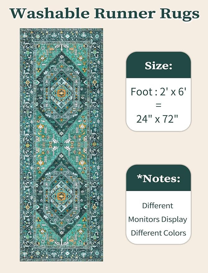 SERISSA Boho Washable Runner Rug, 2x6 Rug Runner Non-Slip Vintage Teal Hallway - Image 6