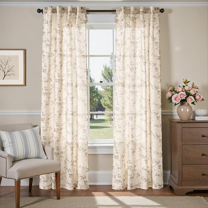 Lazzzy Taupe Floral Linen Curtains 84 Inch Farmhouse Back Tab Drapes - Image 2