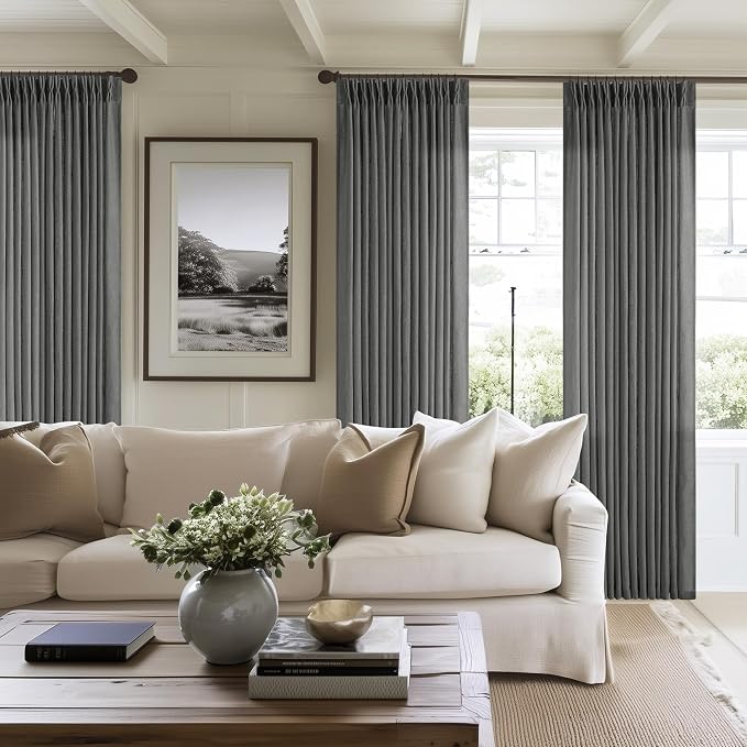 Dark Gray Linen Pinch Pleated Light Filter Curtains 102 Inches Long 2 Panels - Image 7
