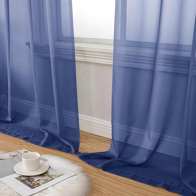 Aiyufeng Royal Blue Sheer Curtains 84 Inches Long 2 Panels Set, Semi - Image 6