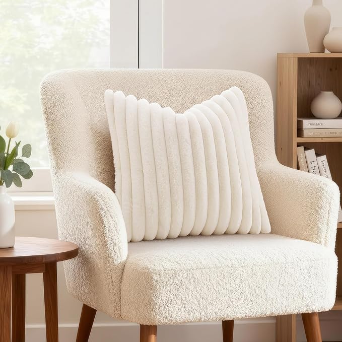 decorUhome Fall Faux Fur Throw Pillow Covers 18x18 Set of 2 Cream White | - Image 2