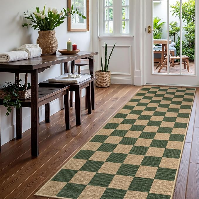 Lahome Colette Checkered Outdoor Runner Rug, 2x8 Green Kitchen Runner Rugs - Image 2
