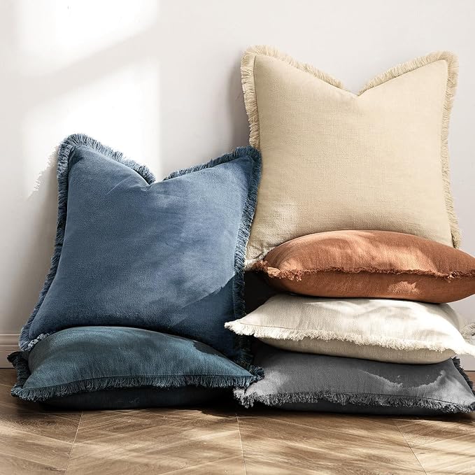 MIULEE Linen Fringe Decorative Euro Throw Pillow Covers Blue Ashes 24x24 | Set - Image 6